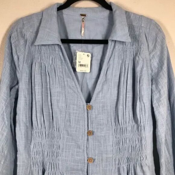 Free People Blue Liesel Shirt Dress Smocked Waist Balloon Sleeves Medium - Picture 6 of 6